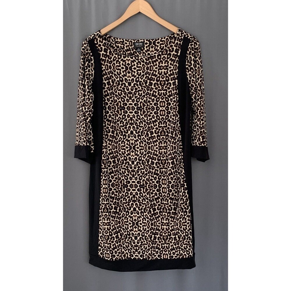 Nicole Miller A-line Knit Midi Dress Sz L Neutral Leopard Slimming Career Travel